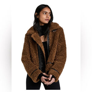 STAND STUDIO Audrey Sherpa Moto Jacket in Brown Sz 34
